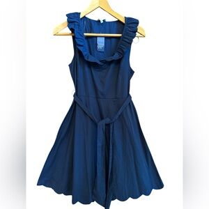 CROWN & IVY sleeveless, cotton, scalloped dress, navy, size M